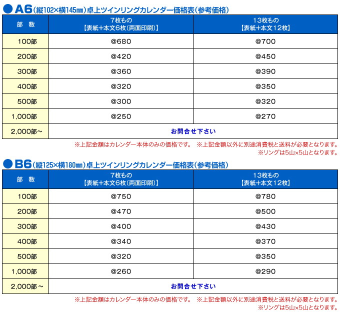 卓上ツインリング価格表